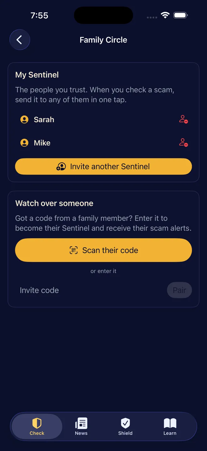 Scam Sentinel Family Circle screen listing paired family members Sarah and Mike, each removable individually.
