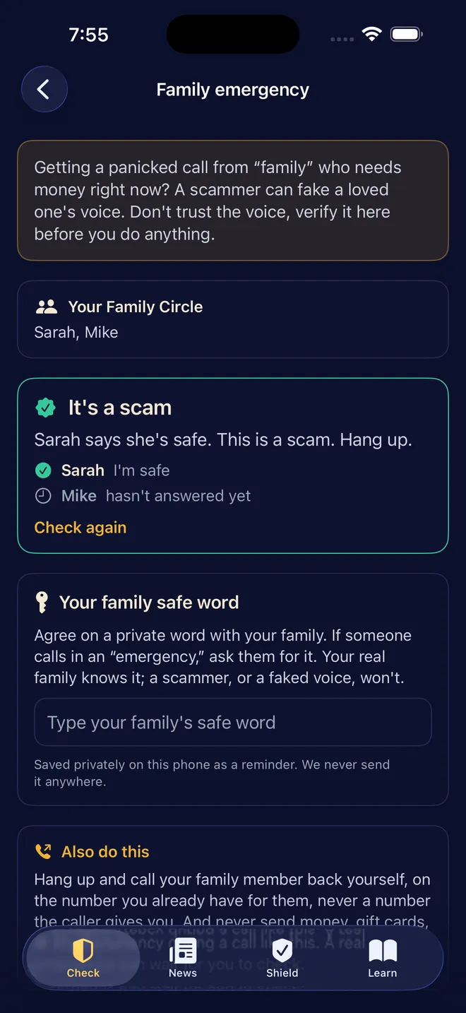 Scam Sentinel Family Verify screen: 'It's a scam. Sarah says she's safe. This is a scam. Hang up,' with the Family Circle roster shown above.