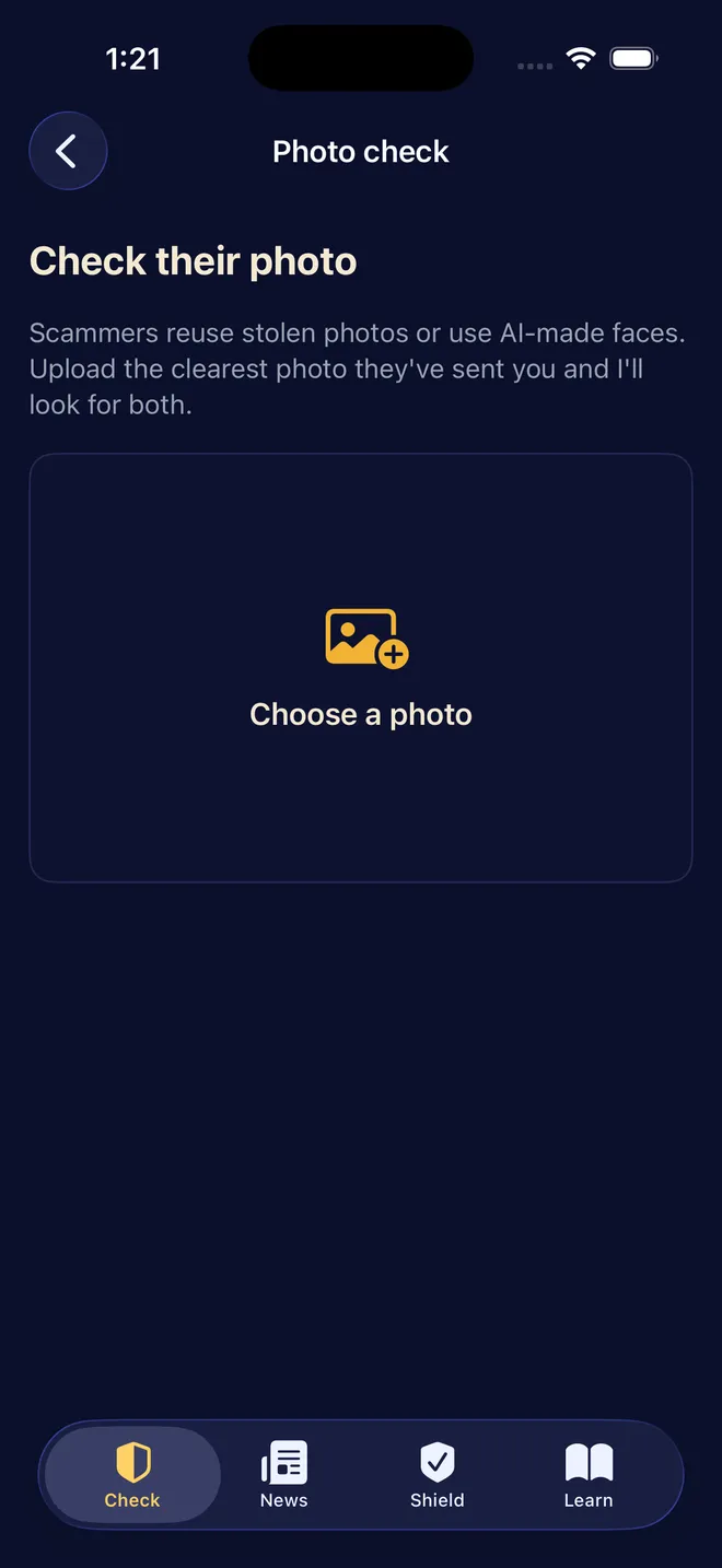 Scam Sentinel's Photo Check screen: upload a photo someone sent you and we'll check whether it's a stolen photo or an AI-made face.