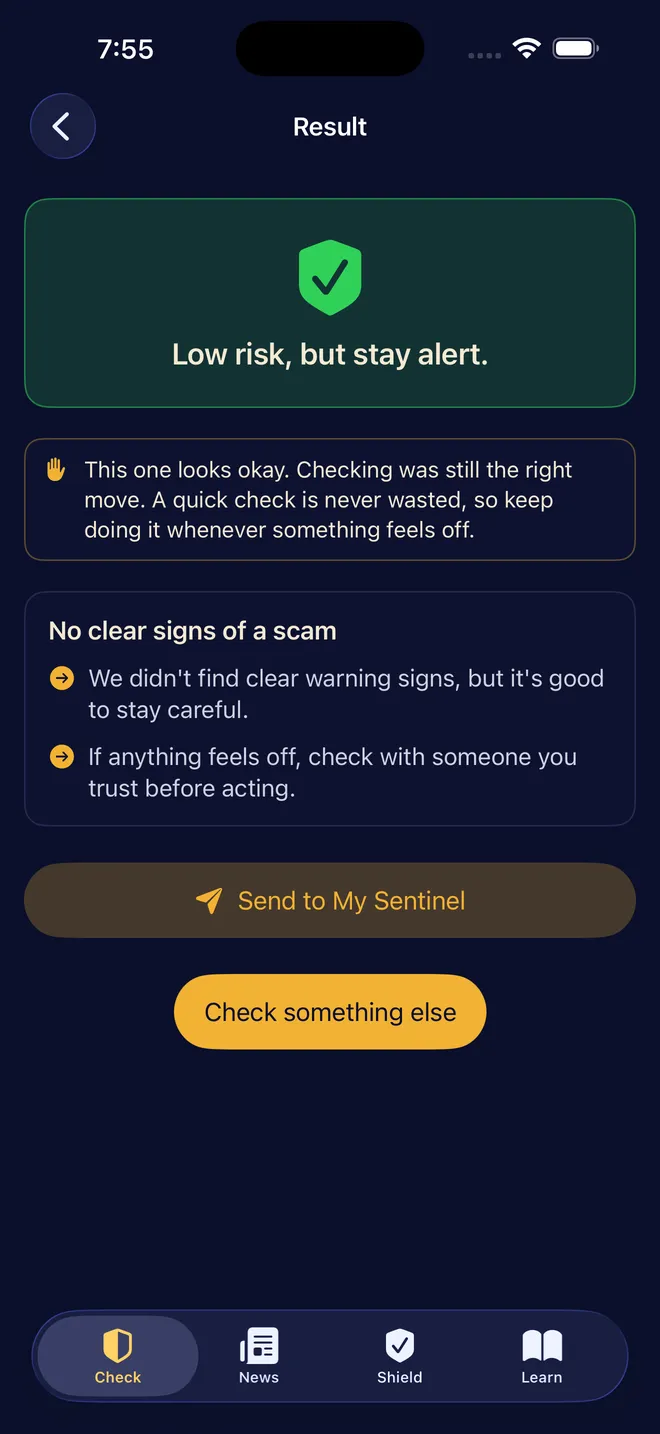 Scam Sentinel result screen: 'Low risk, but stay alert,' assessing a routine pharmacy pickup text as low risk.