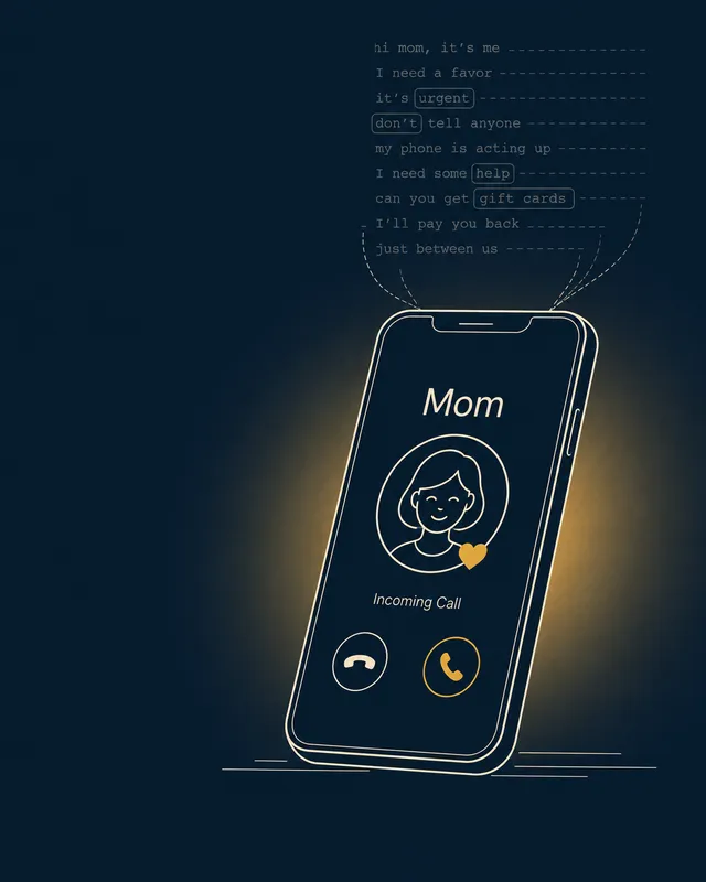 An illustration of a phone with an incoming call from 'Mom,' with a scammer's manipulation script visible bleeding in from above: urgent, don't tell anyone, I need some help, can you get gift cards.