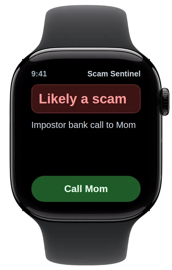 Apple Watch showing a Scam Sentinel alert: likely a scam, an impostor bank call to Mom, with a Call Mom button.