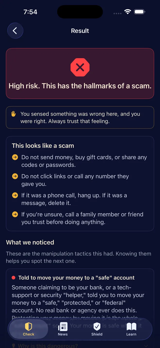 Scam Sentinel result screen: 'High risk. This has the hallmarks of a scam,' with plain-language guidance not to send money or click any links.