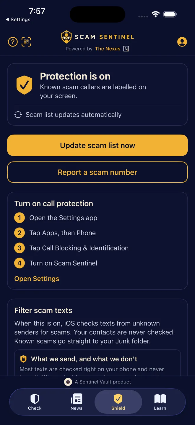 Sentinel Shield screen showing 'Protection is on: known scam callers are labeled on your screen.'